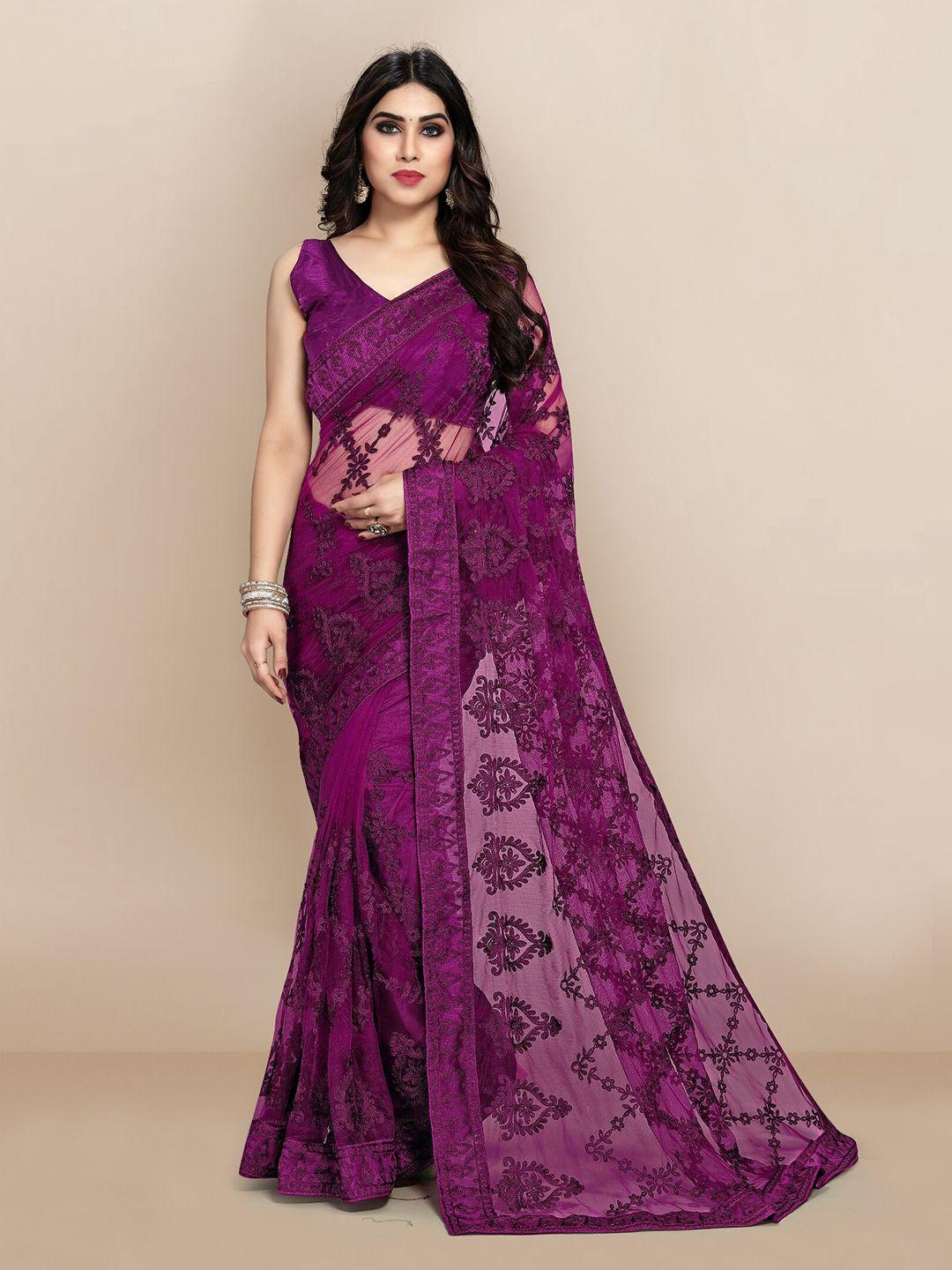 vairagee purple floral embroidered net saree
