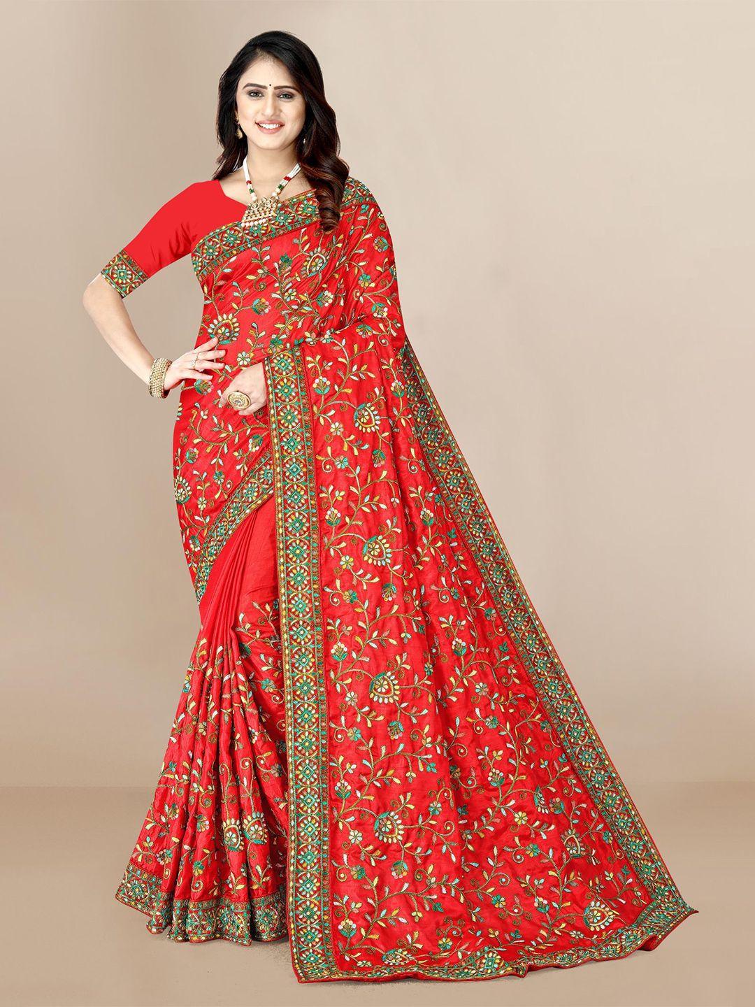 vairagee red & green floral embroidered silk blend saree