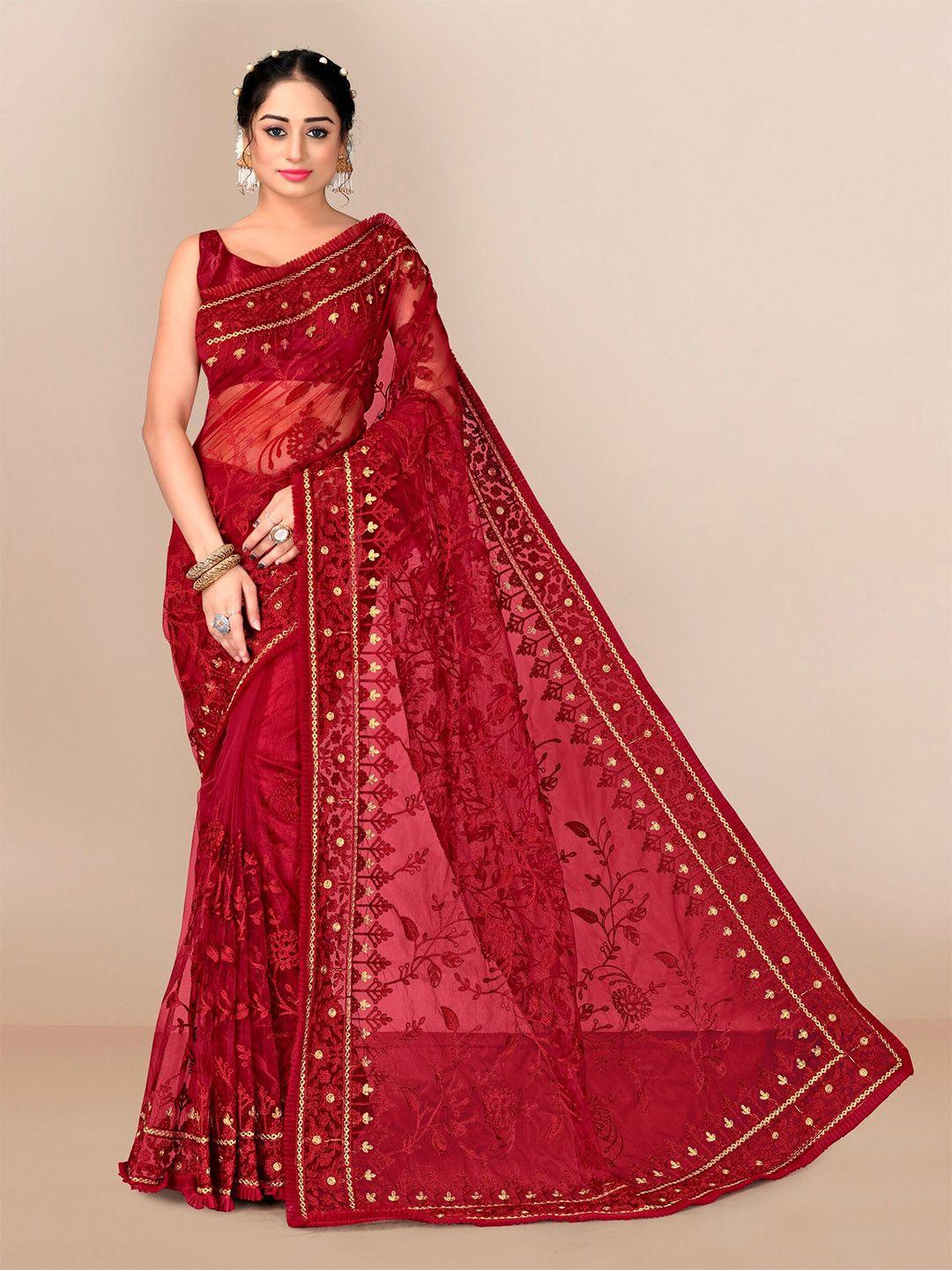 vairagee red floral embroidered net saree