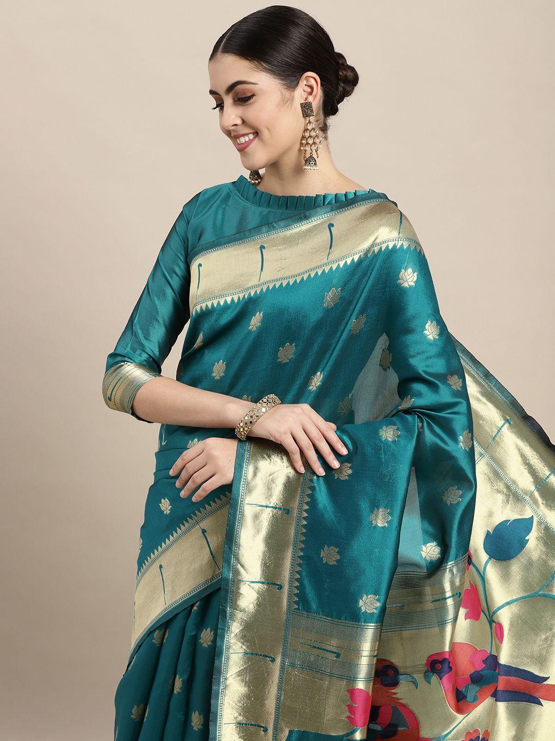 vairagee teal green & golden ethnic motifs pure silk saree