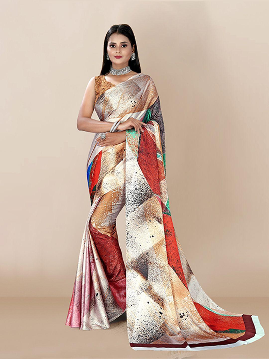 vairagee white & brown digital printed silk blend saree