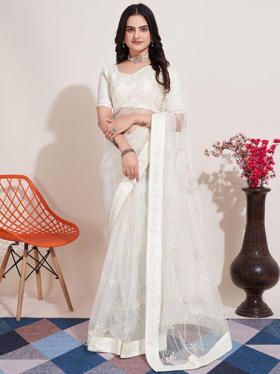 vairagee white floral embroidered net saree