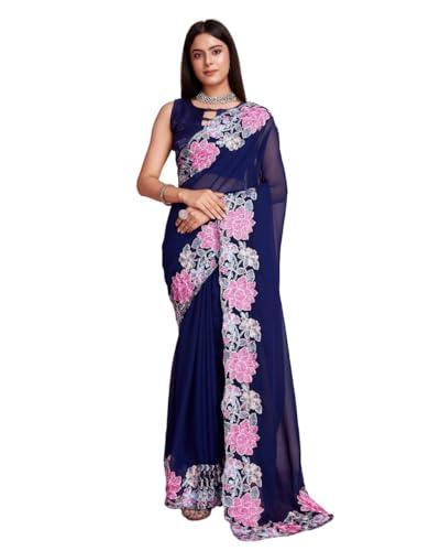 vairagee women adorable georgette silk navy blue colour floral pattern embroidery saree with unstitched blouse (6227_6)