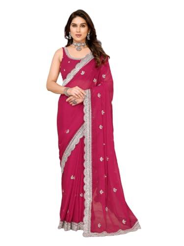 vairagee women adorable soft zomato chiffon bright pink floral pattern emroidery saree (6215_4)