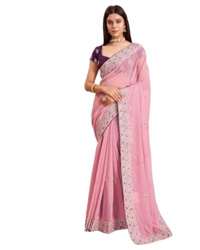 vairagee women beautiful georgette blush pink floral pattern embroidery saree with unstitched blouse (6223_5)