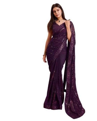 vairagee women beautiful georgette purple striped pattern embroidery saree with unstitched blouse (6222_1)