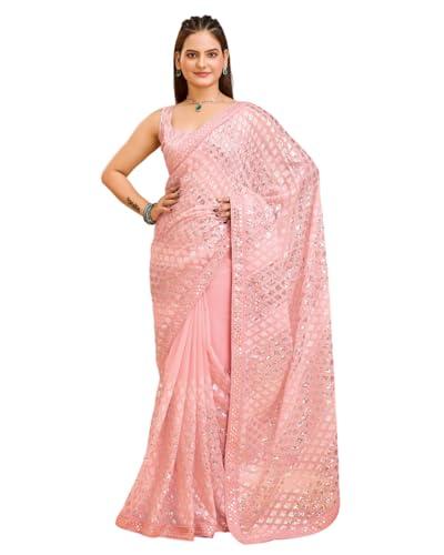 vairagee women beautiful soft georgette pink geometric pattern emroidery saree (6214_3)