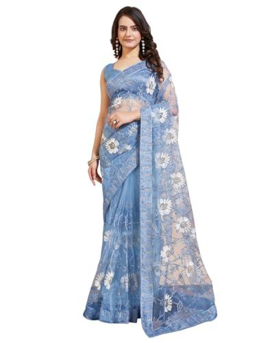 vairagee women blue soft net party saree