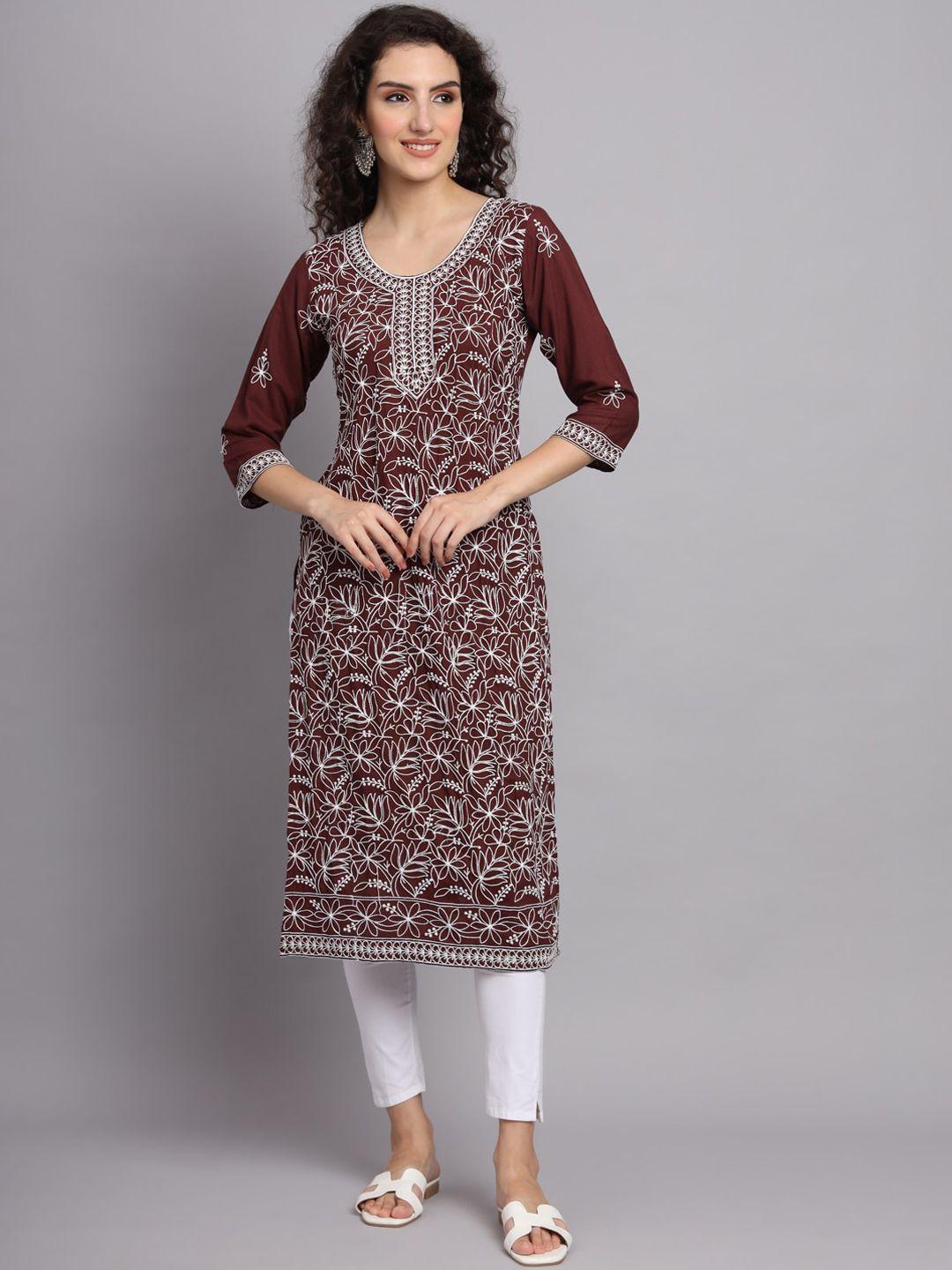 vairagee women brown ethnic motifs printed thread work kurta