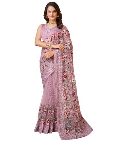 vairagee women floral soft net embroidery saree (lilac)