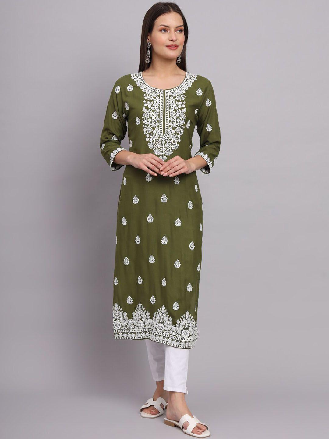 vairagee women green floral embroidered thread work kurta