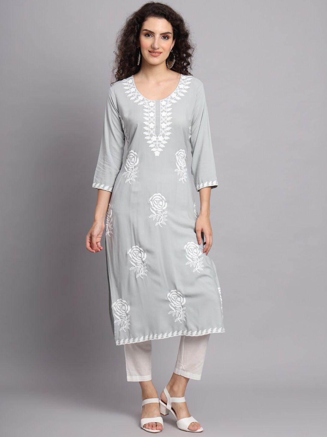 vairagee women grey ethnic motifs embroidered chikankari kurta