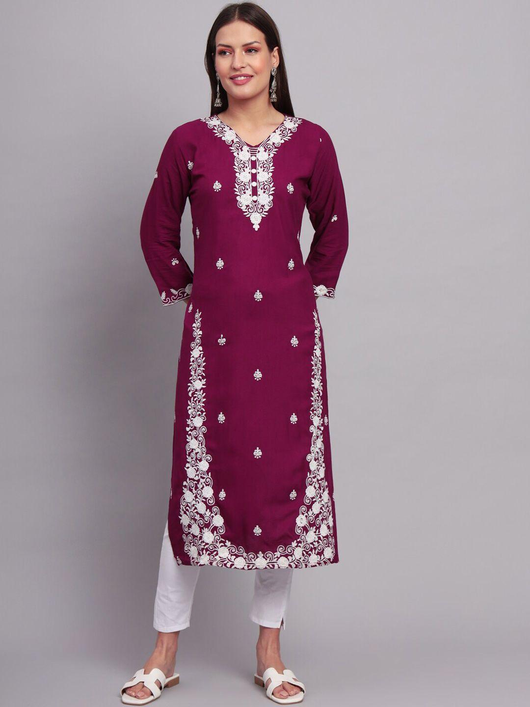 vairagee women magenta & spanish purple floral embroidered keyhole neck flared sleeves thread work kurta