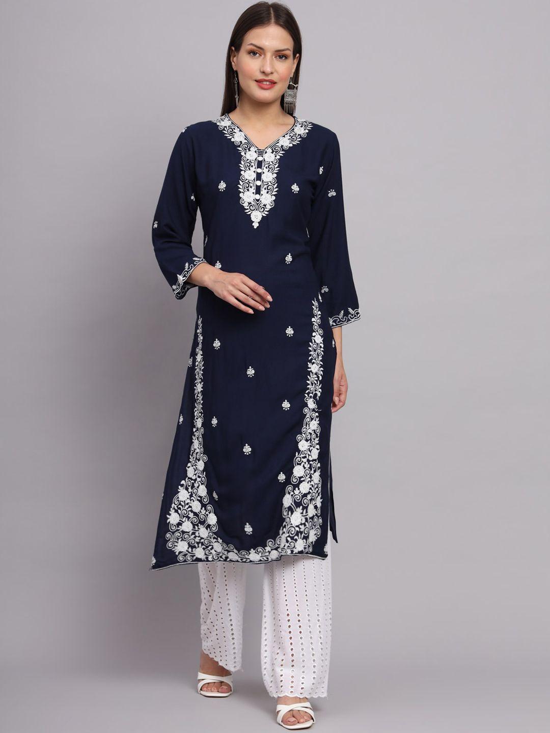 vairagee women navy blue floral embroidered flared sleeves thread work kurta