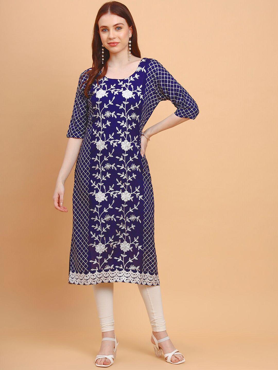vairagee women navy blue floral printed flared sleeves thread work kurta