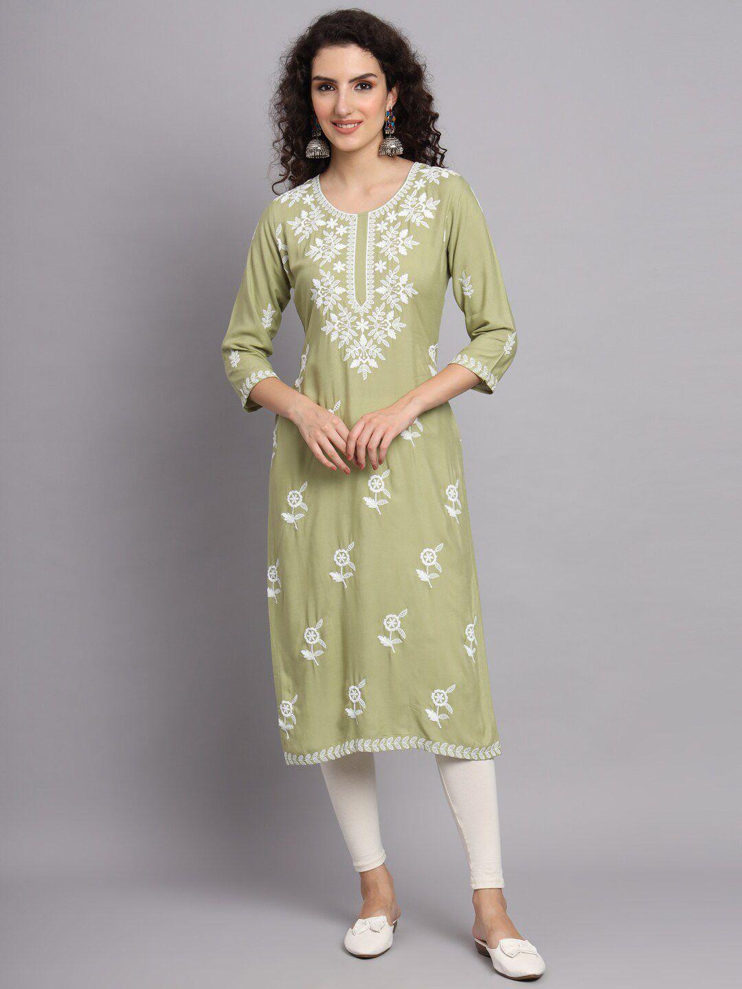 vairagee women olive green floral embroidered flared sleeves thread work kurta