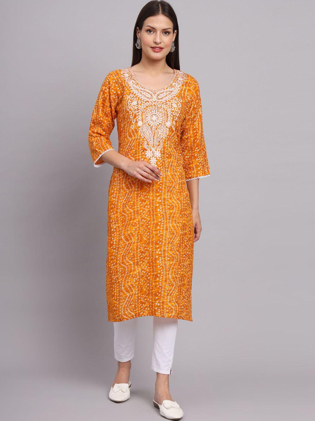 vairagee women orange ethnic motifs printed flared sleeves thread work kurta