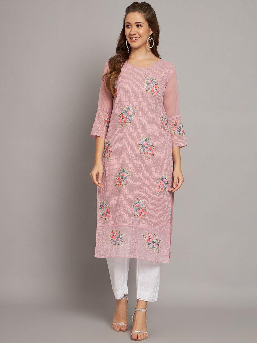 vairagee women peach-coloured floral embroidered thread work georgette kurta