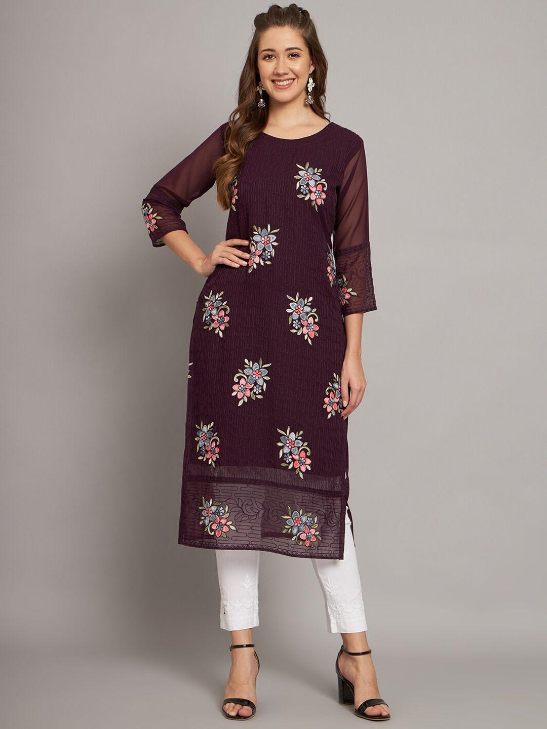 vairagee women purple ethnic motifs printed flared sleeves mirror work georgette kurta