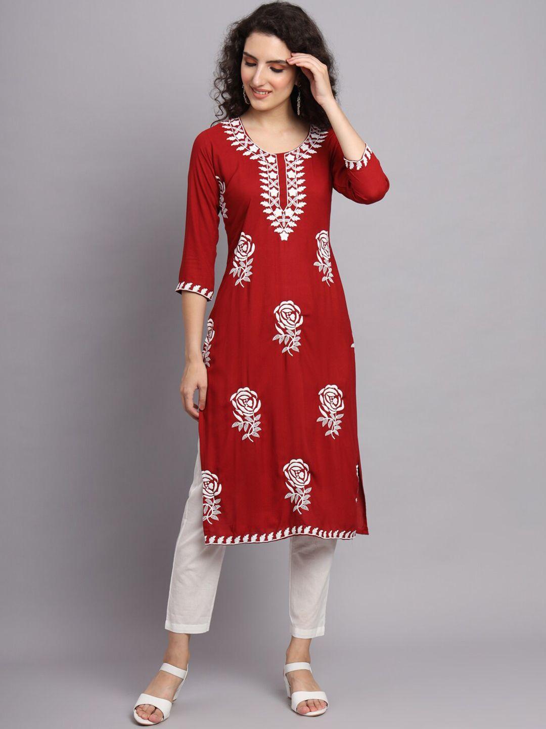 vairagee women red ethnic motifs embroidered thread work kurta