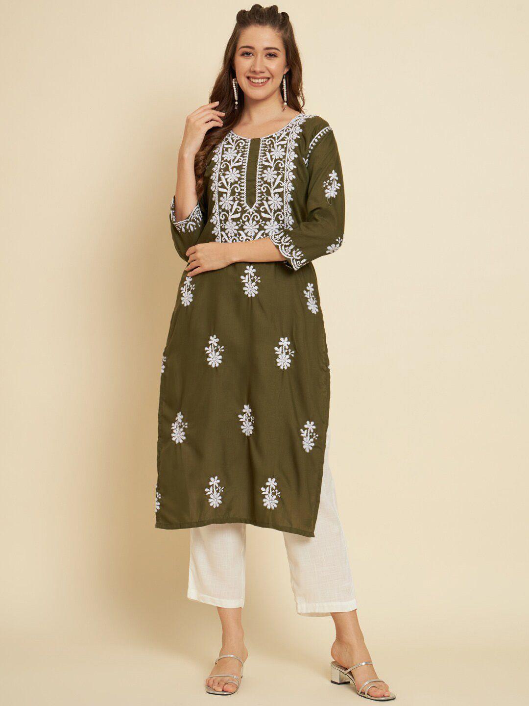 vairagee women sea green ethnic motifs embroidered keyhole neck flared sleeves gotta patti kurta