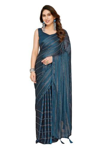 vairagee women soft rimzim silk teal blue striped pattern embroidery ready to wear saree (2055_6)