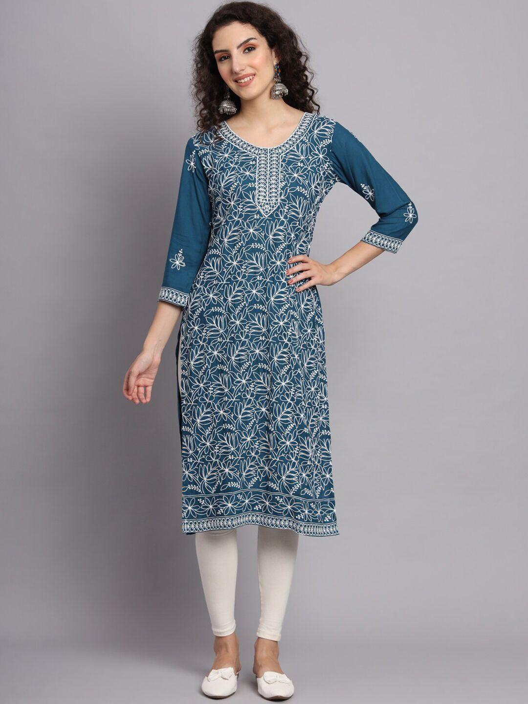 vairagee women teal ethnic motifs printed thread work kurta