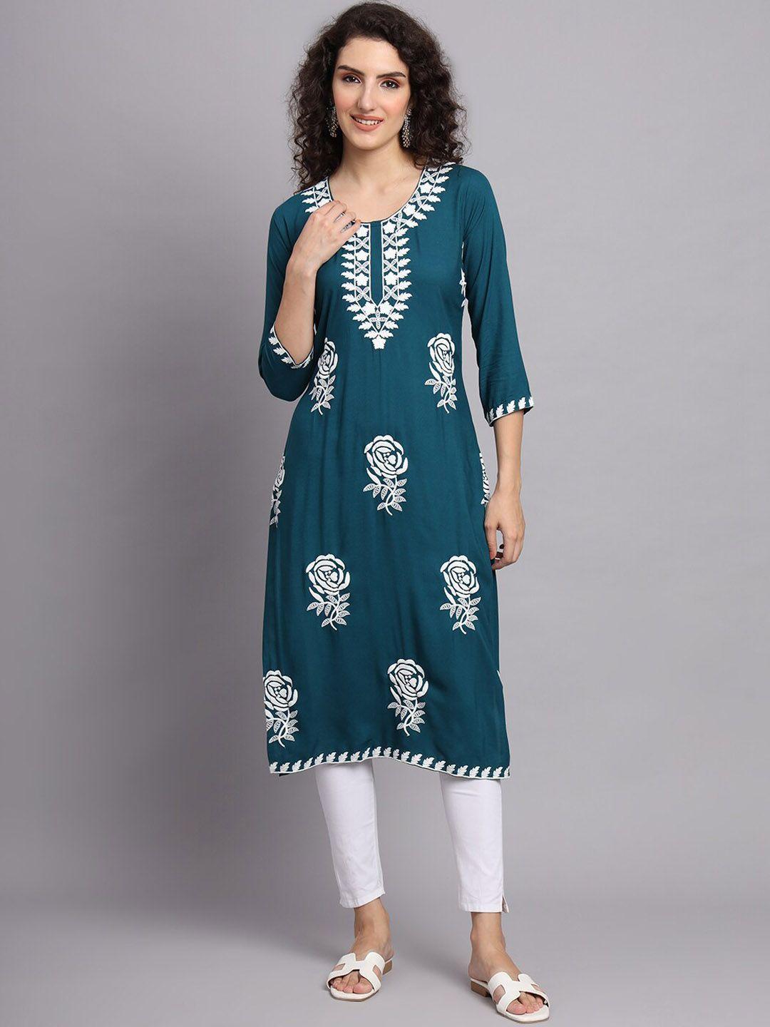 vairagee women teal floral embroidered thread work kurta