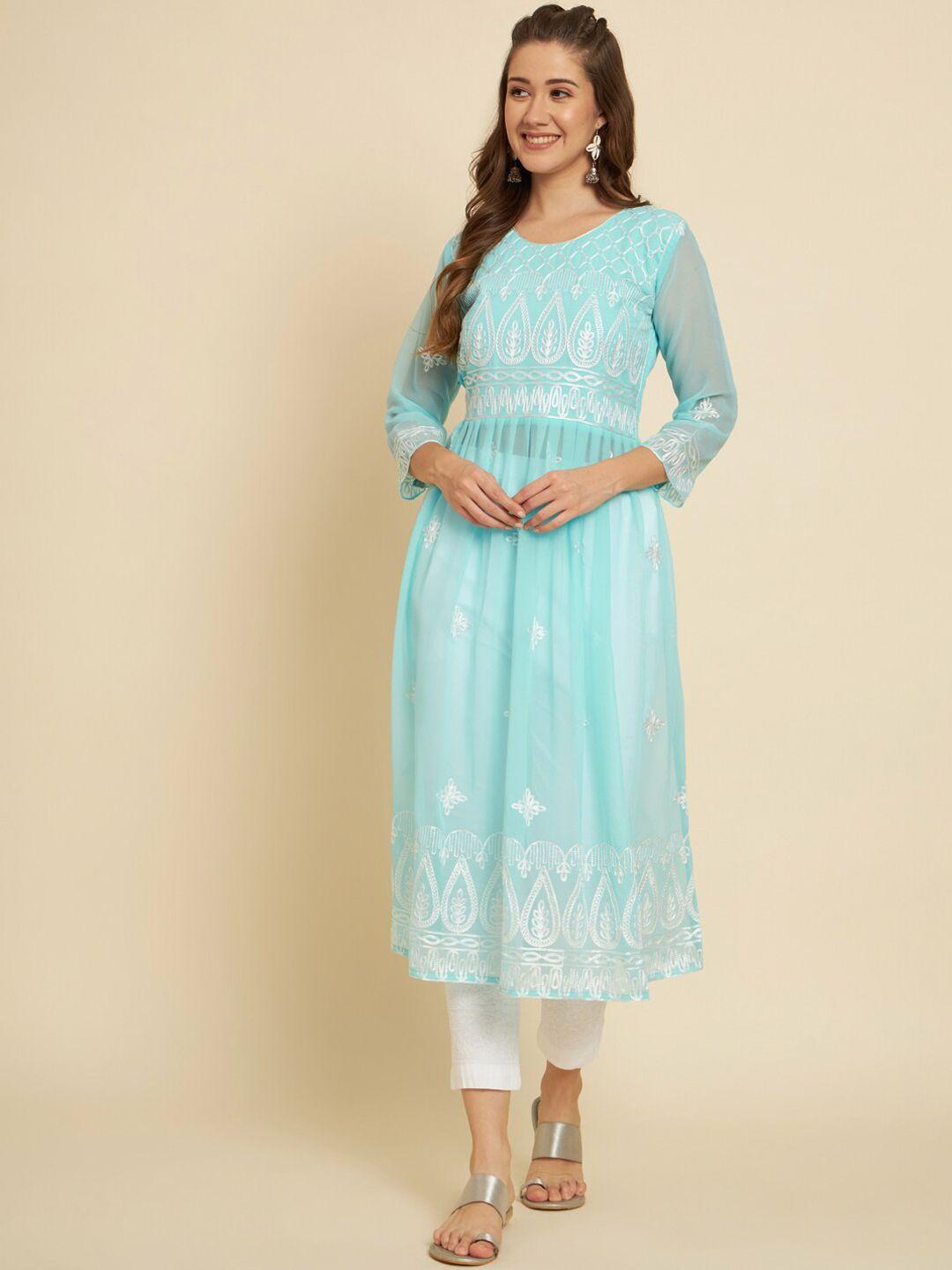 vairagee women turquoise blue ethnic motifs keyhole neck flared sleeves chikankari georgette kurta