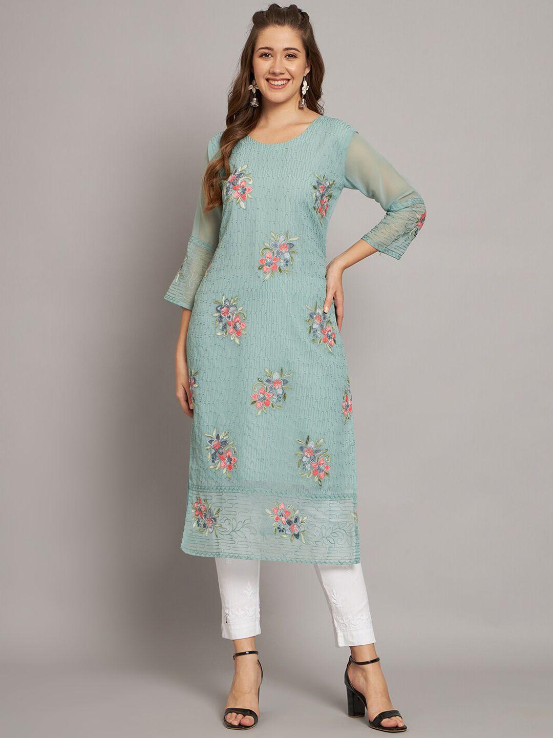 vairagee women turquoise blue floral printed cold-shoulder sleeves thread work georgette kurta
