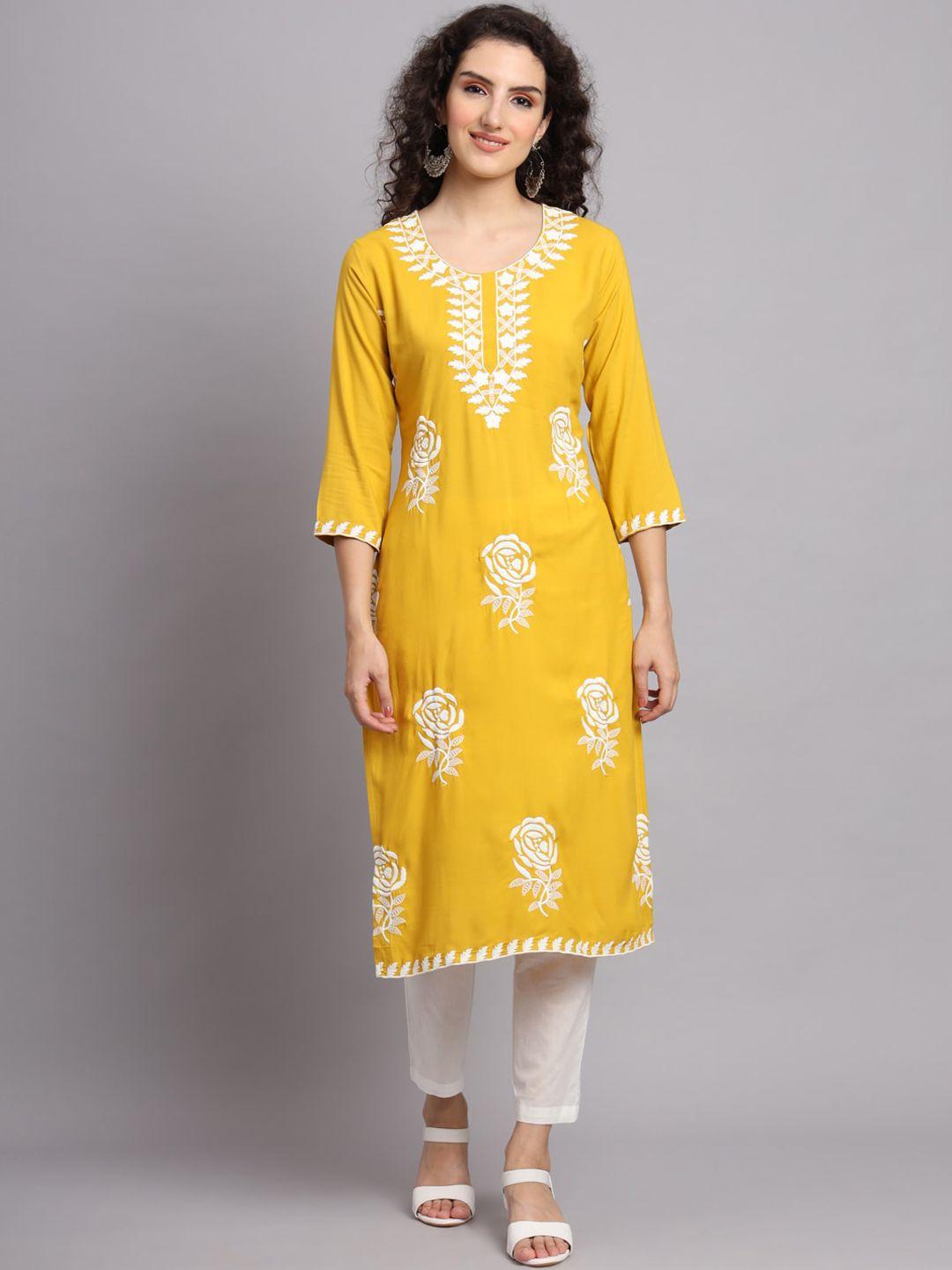 vairagee women yellow ethnic motifs embroidered thread work kurta