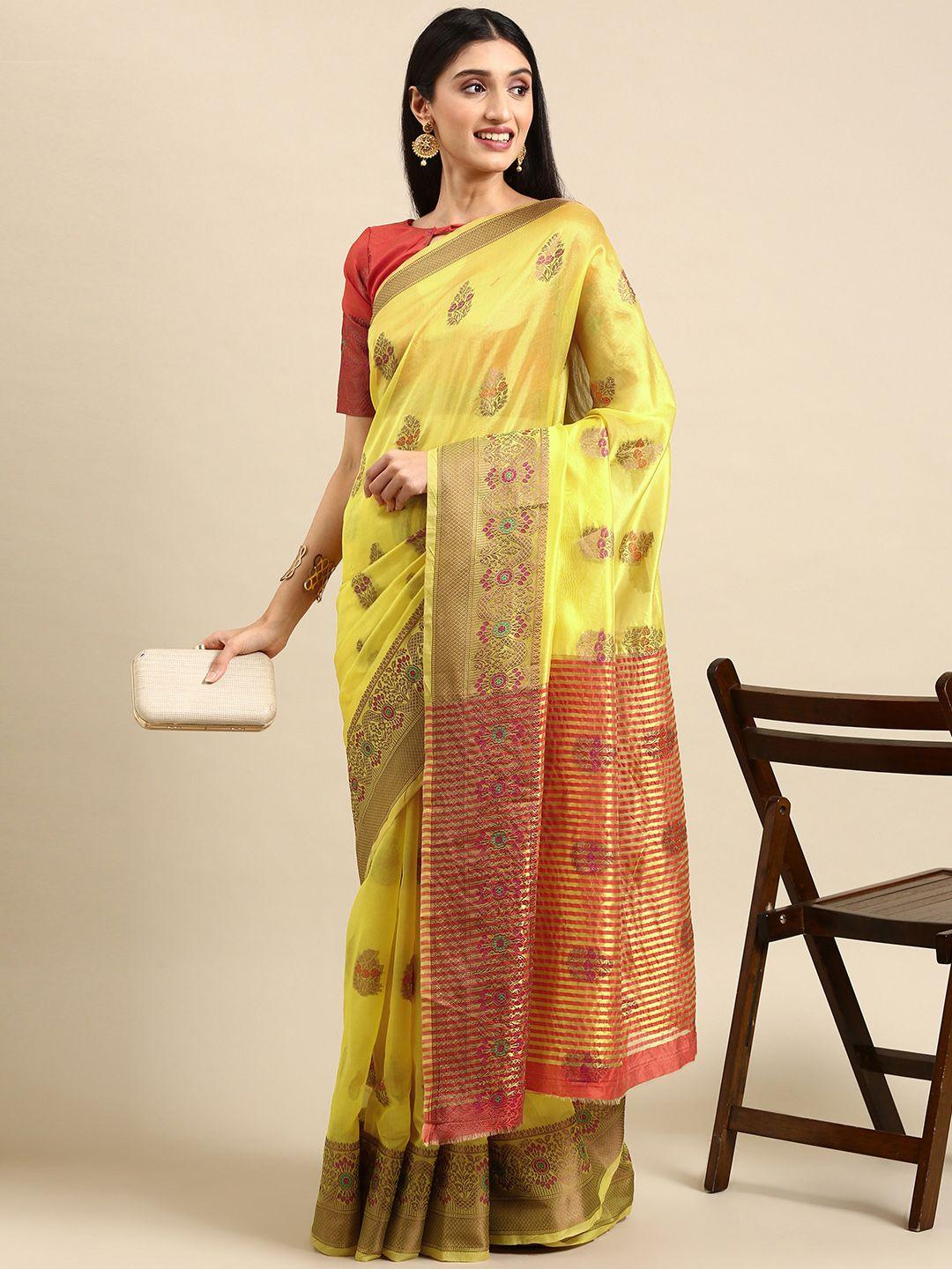 vairagee yellow & gold-toned ethnic motifs zari organza saree