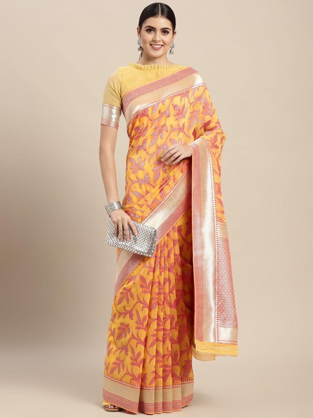 vairagee yellow & orange floral cotton silk saree