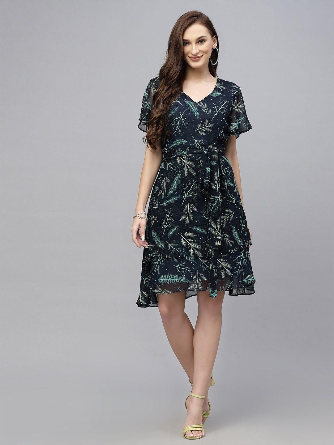 valbone black tropical print flared sleeve fit & flare dress