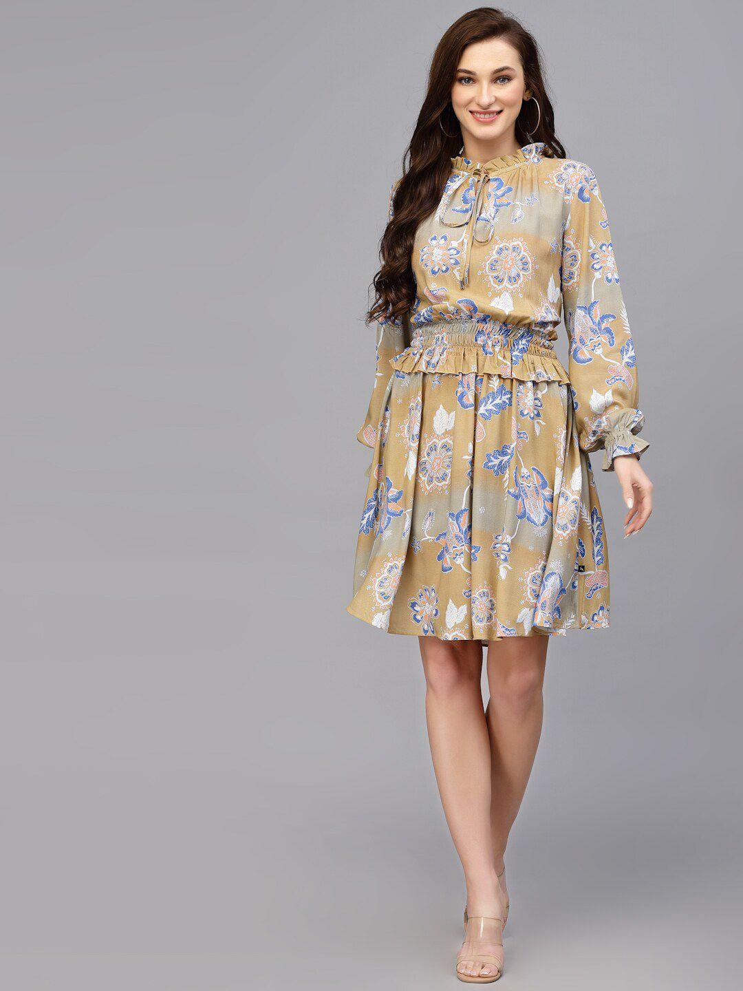 valbone floral printed tie-up neck smocked georgette a-line dress