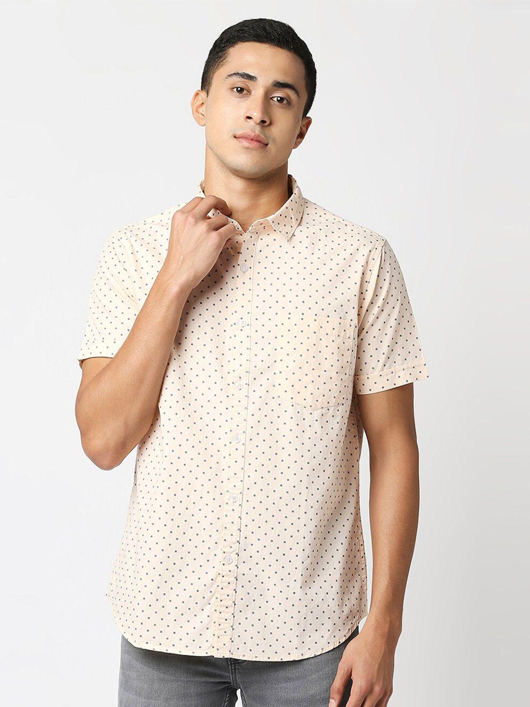 valen club men cream-coloured slim fit printed cotton casual shirt