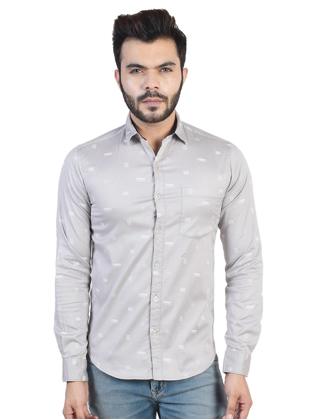 valen club men grey slim fit printed pure cotton casual shirt
