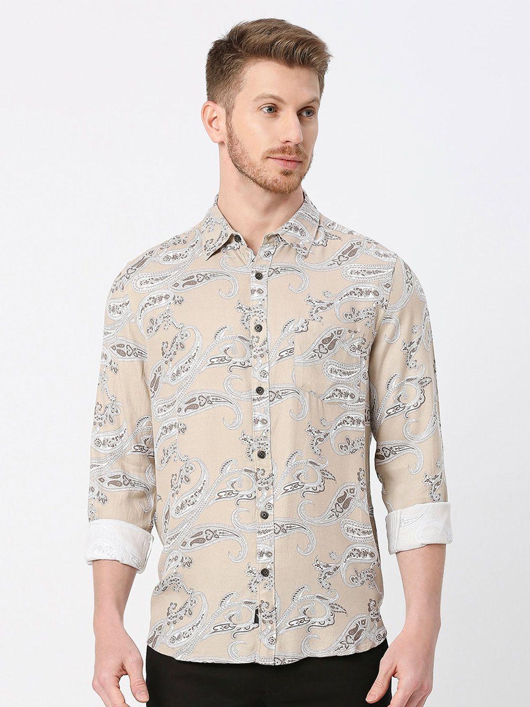 valen club men cream-coloured slim fit floral opaque printed casual shirt