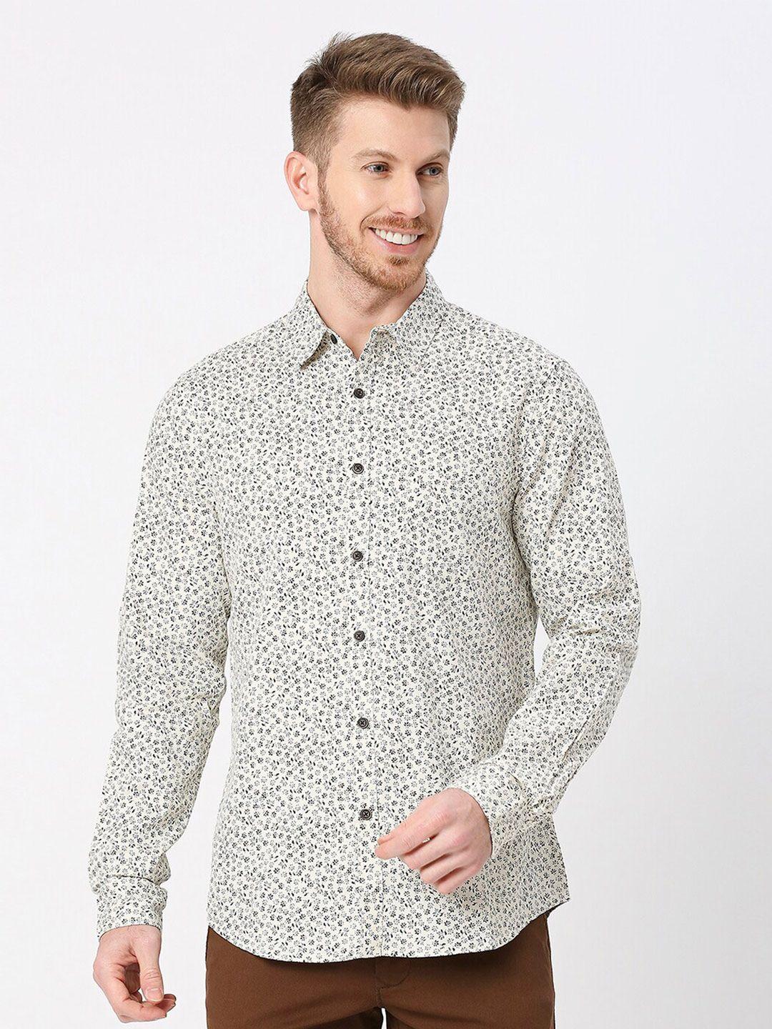 valen club men cream-coloured slim fit floral opaque printed casual shirt