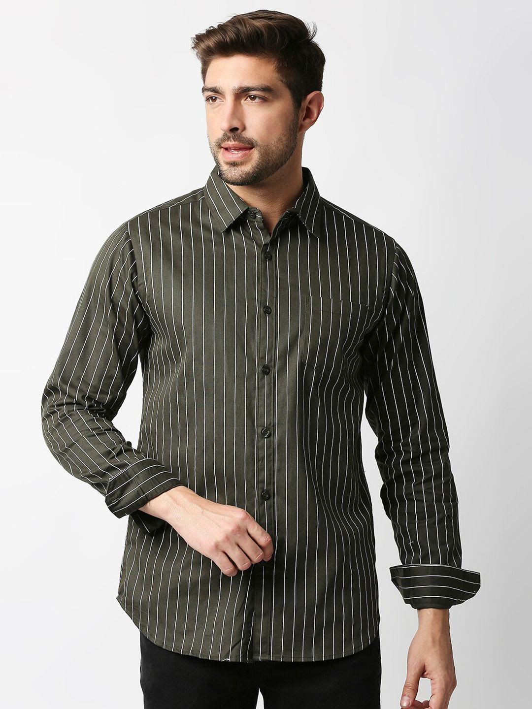 valen club men olive green slim fit striped casual shirt