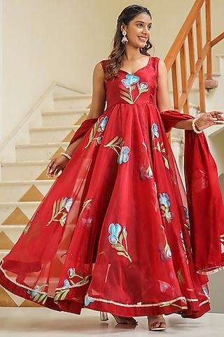 valencia red organza hand painted anarkali set