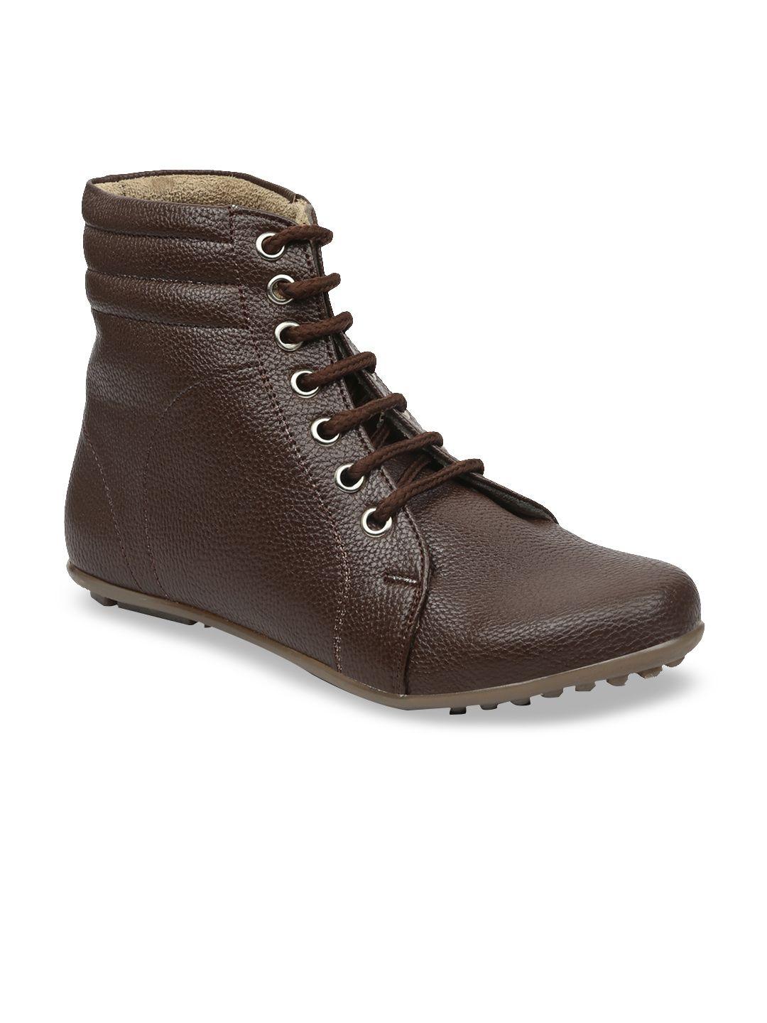 valiosaa women brown solid synthetic mid-top flat boots
