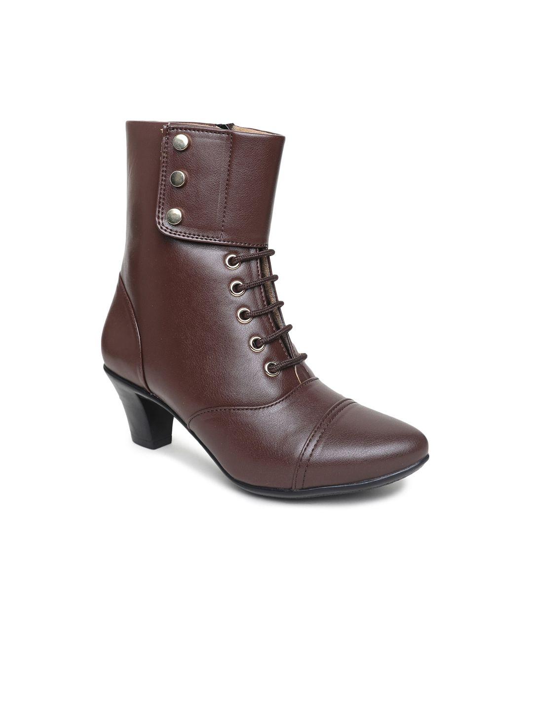 valiosaa women brown solid block heeled boots