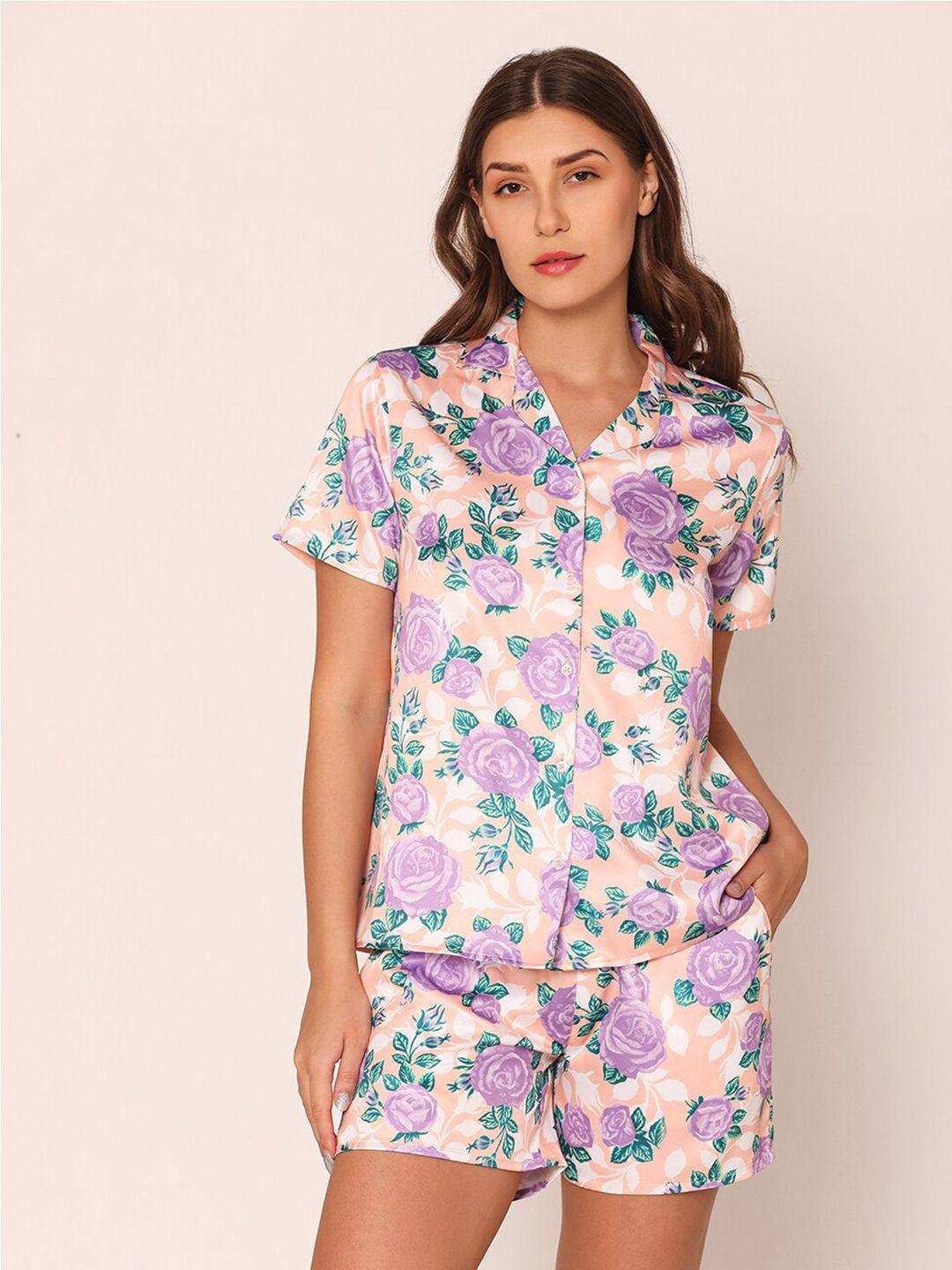 vami floral printed shirt & shorts satin night suit
