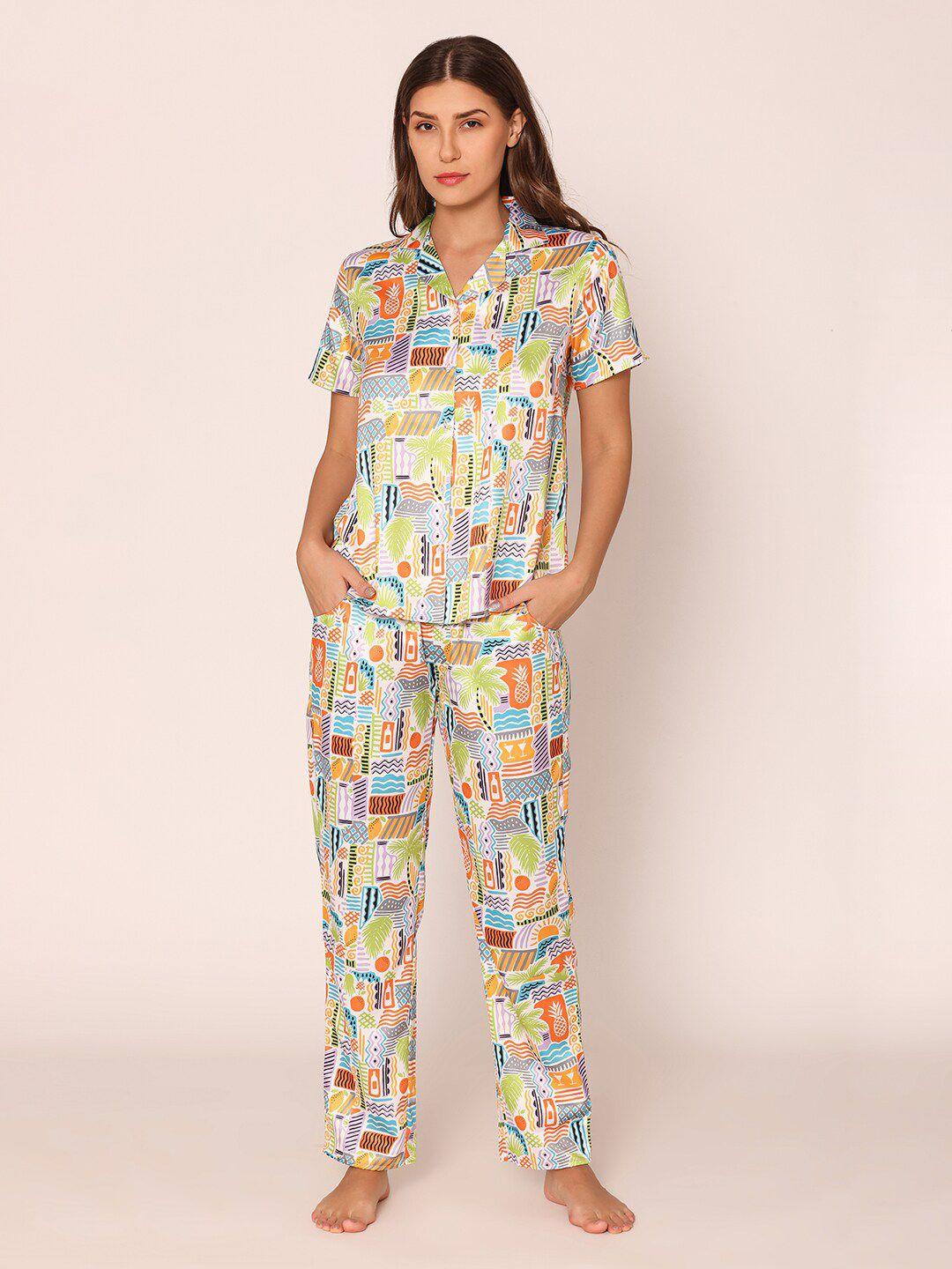vami abstract printed satin shirt with pyjama night suit