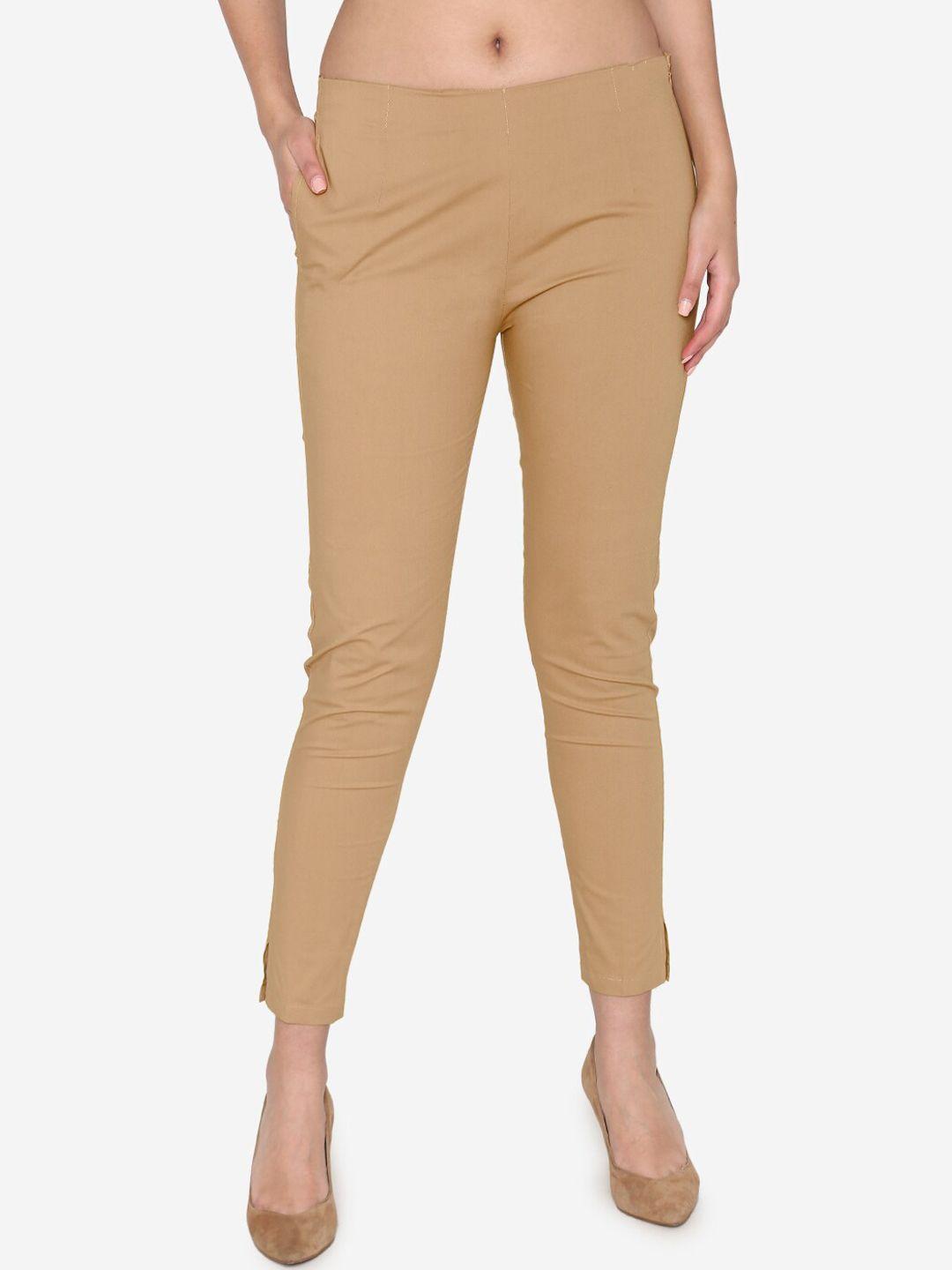 vami women beige skinny fit solid cigarette trousers