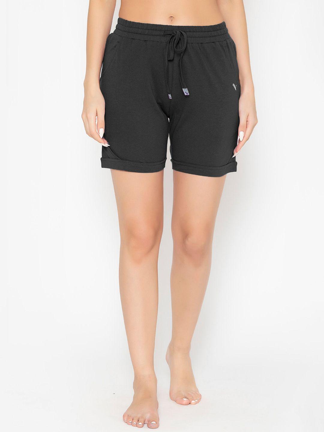 vami women black solid plain cotton shorts