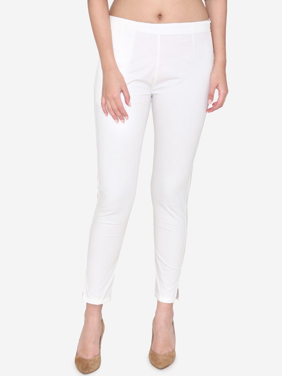 vami women white classic slim fit solid cigarette trousers