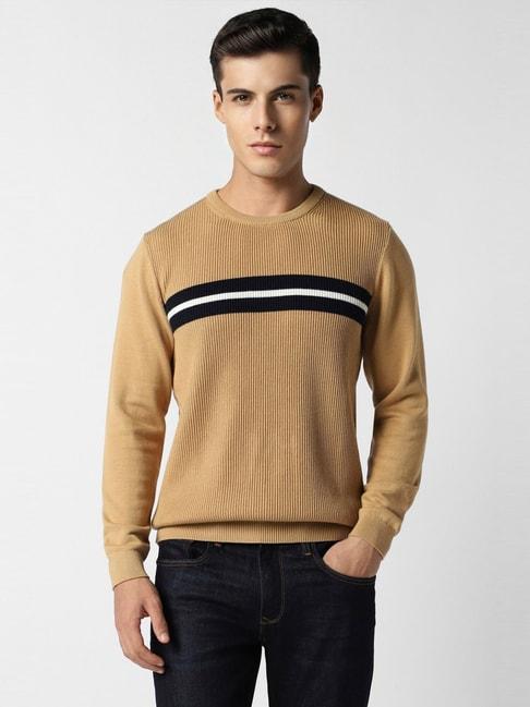van heusen beige cotton regular fit striped sweater