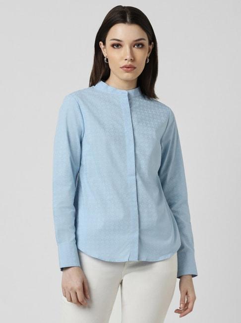 van heusen blue cotton printed formal shirt